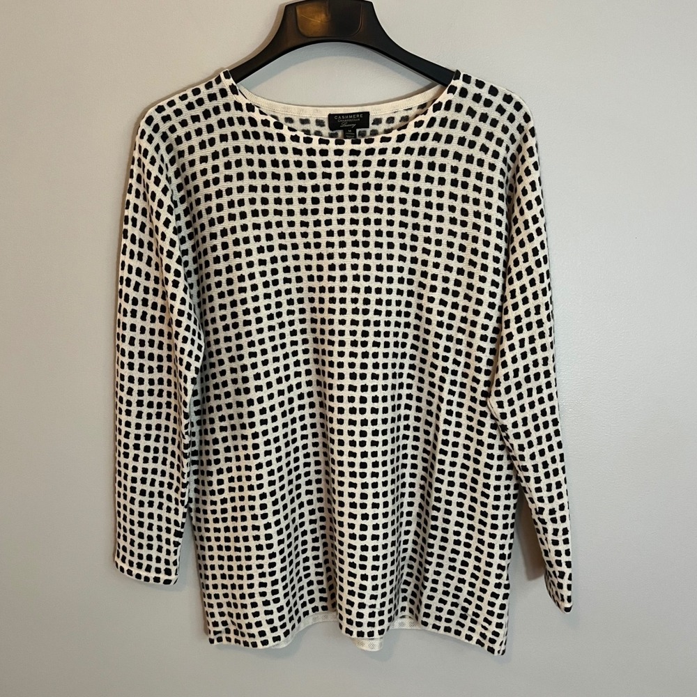 100% Cashmere Sweater Women M Black White Grid Classic Timeless Quiet Luxury